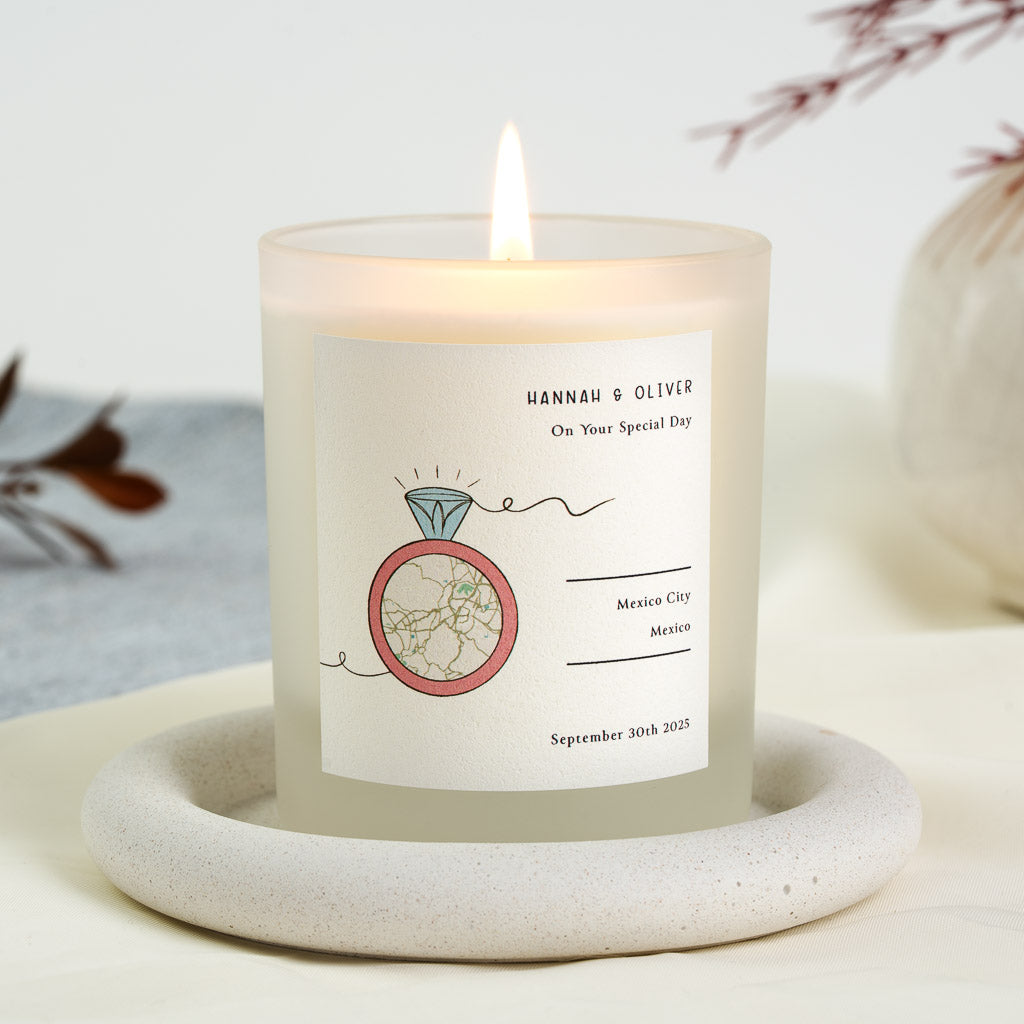 Ring illustration with its band styled as a map of the venue on a personalised wedding candle