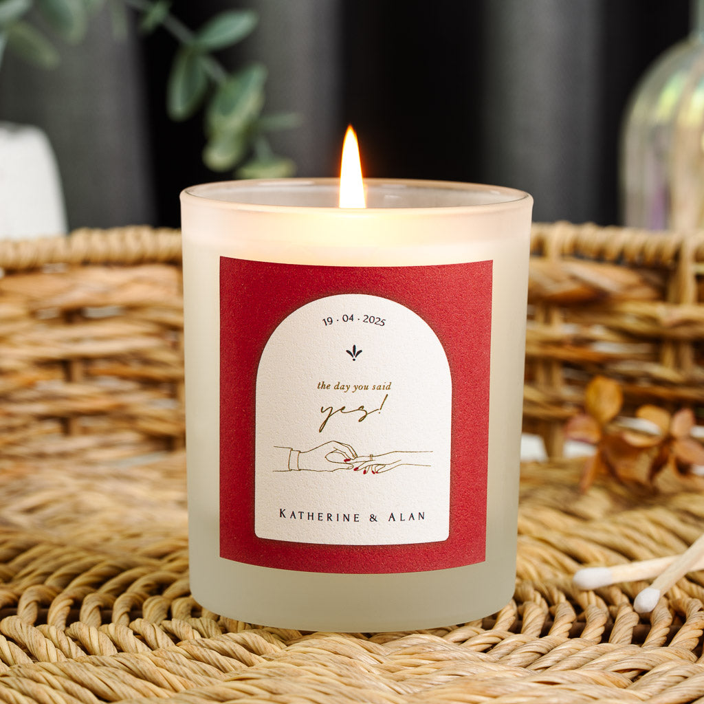 Personalised engagement candle with an arched panel and the date running along the top
