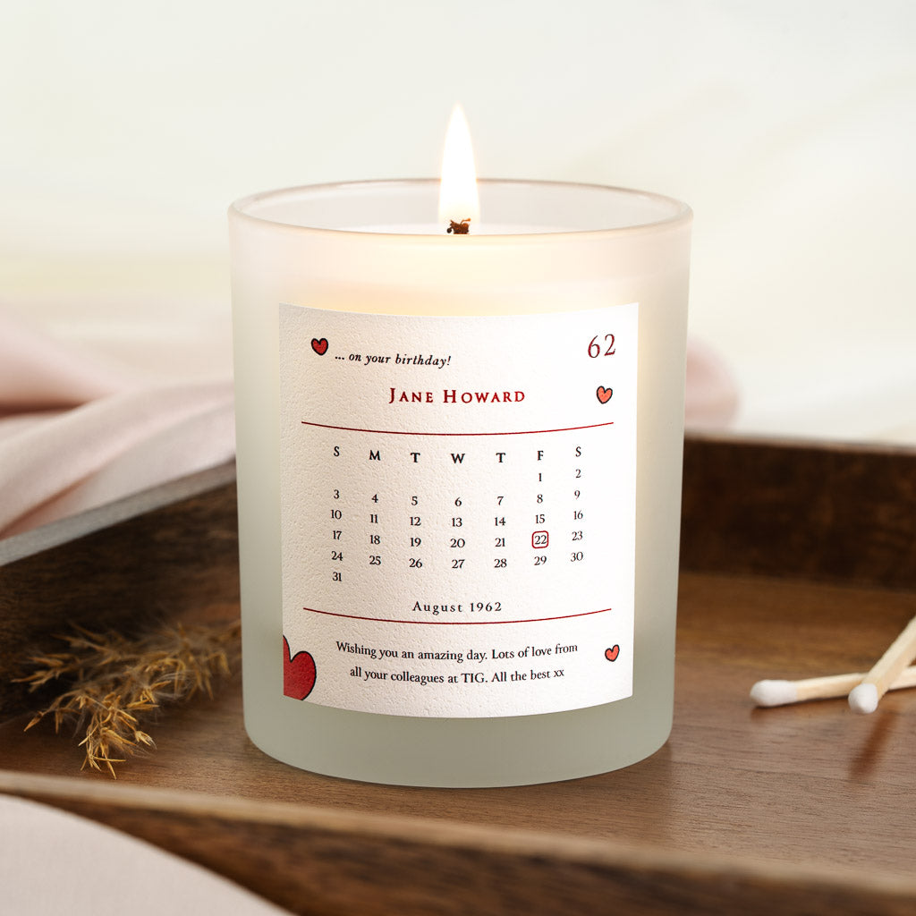 Calendar grid with the birth date circled on a personalised birthday candle label