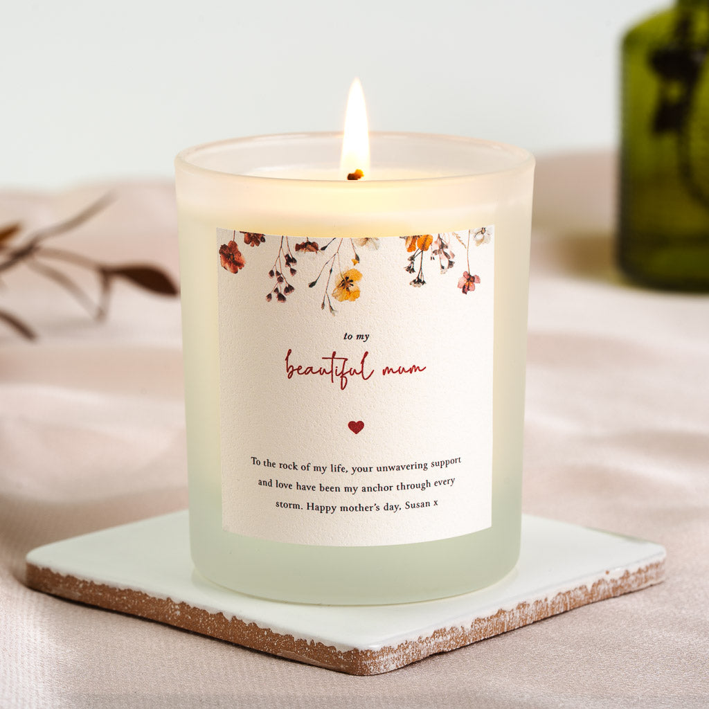 Personalised Mother's Day candle with a heart beneath a deep red cursive heading