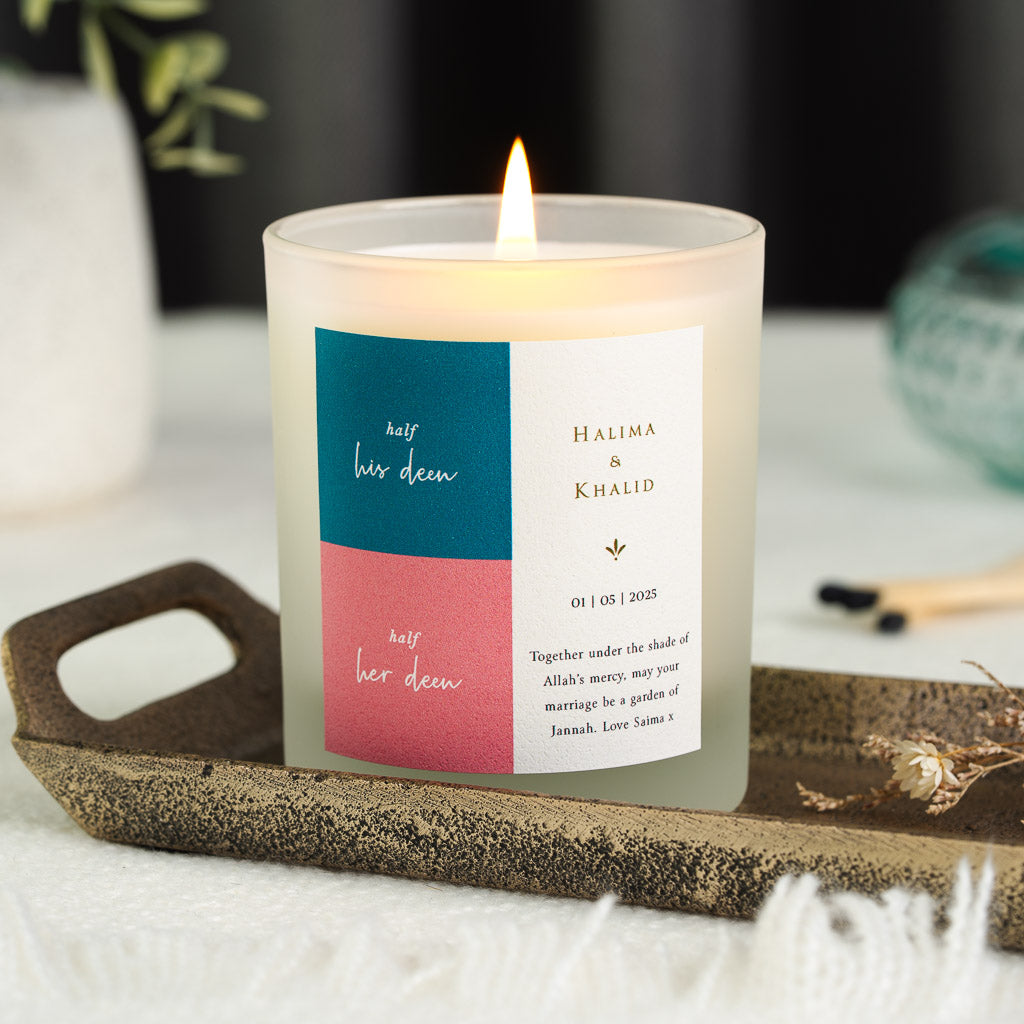 Personalised Islamic engagement candle with deep teal and coral panels in white script