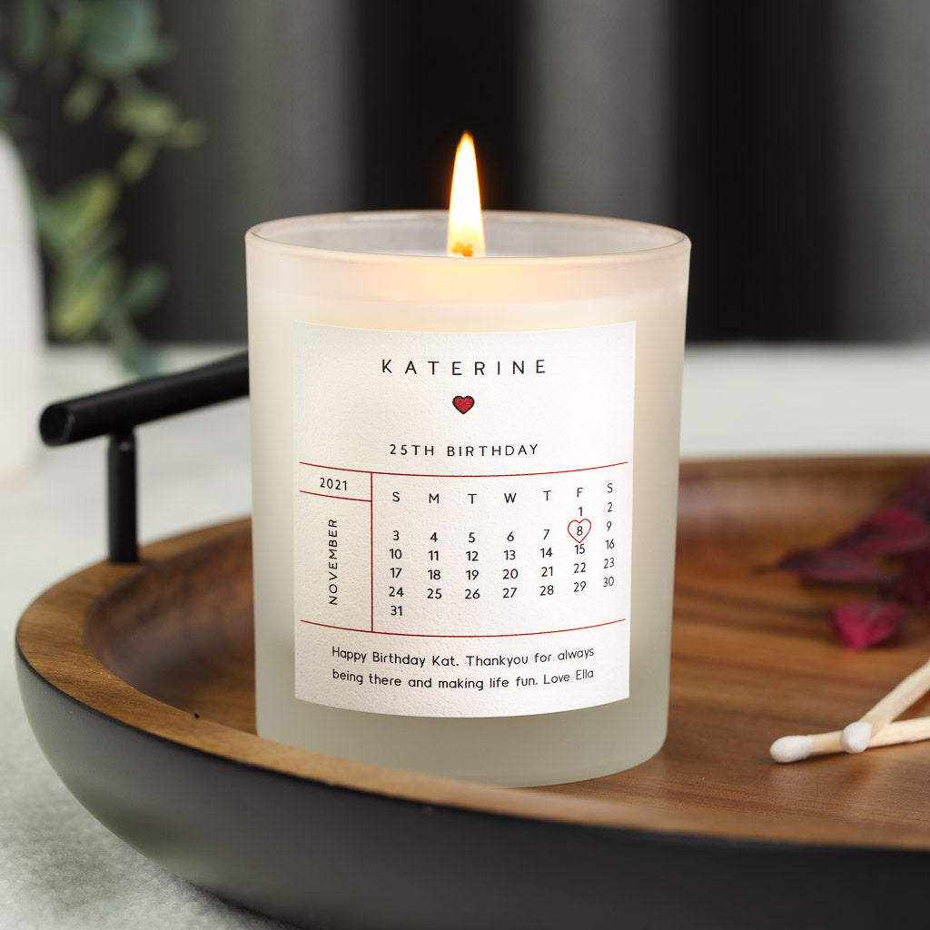 Heart above a full calendar grid with the date circled on a personalised birthday candle
