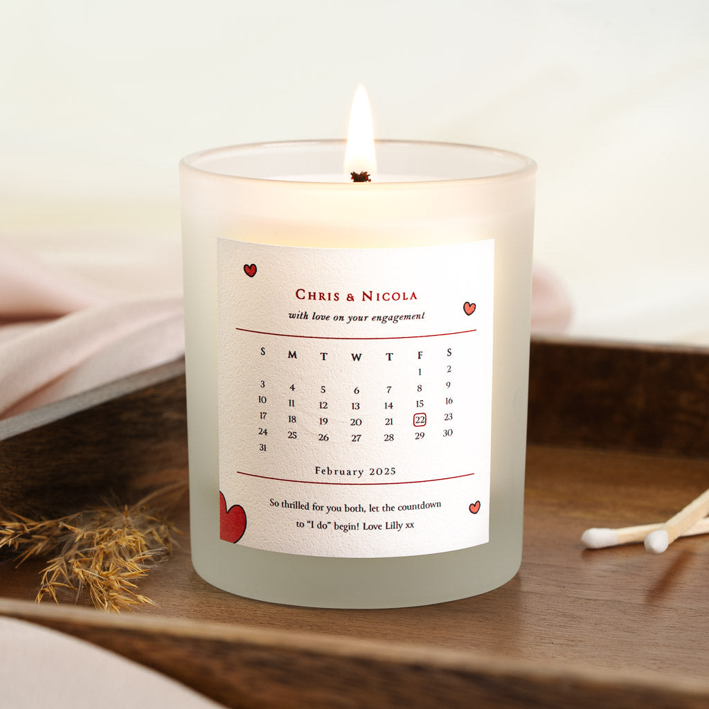 Calendar grid marking the engagement date on a personalised engagement candle label
