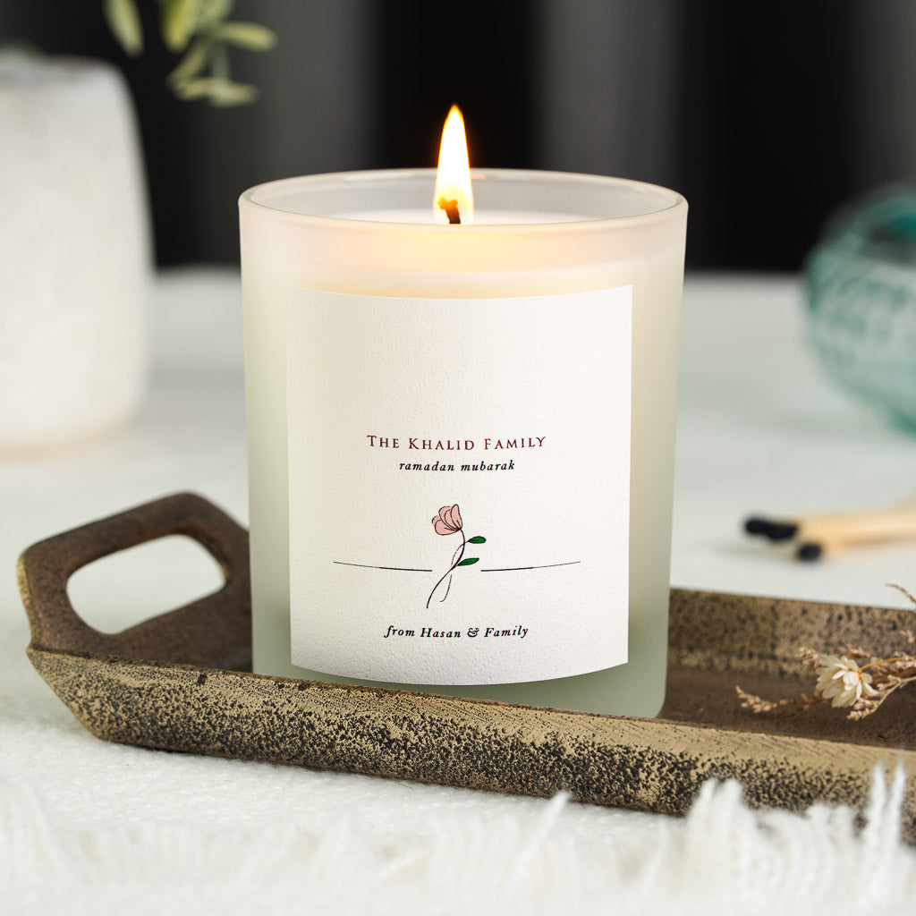 Personalised Ramadan Mubarak candle with the family surname in red capitals