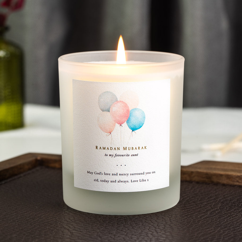 Personalised Ramadan Mubarak candle with watercolour balloons in soft grey and pink