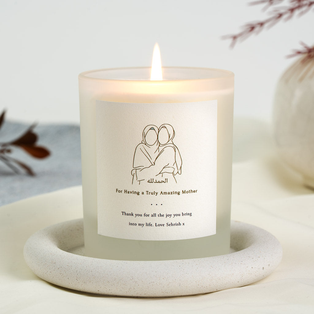 Personalised Mother's Day candle with two gold line figures in hijabs embracing