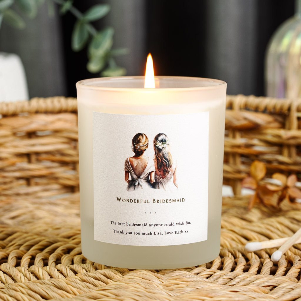 Personalised bridesmaid candle with a watercolour illustration of a bride and bridesmaid