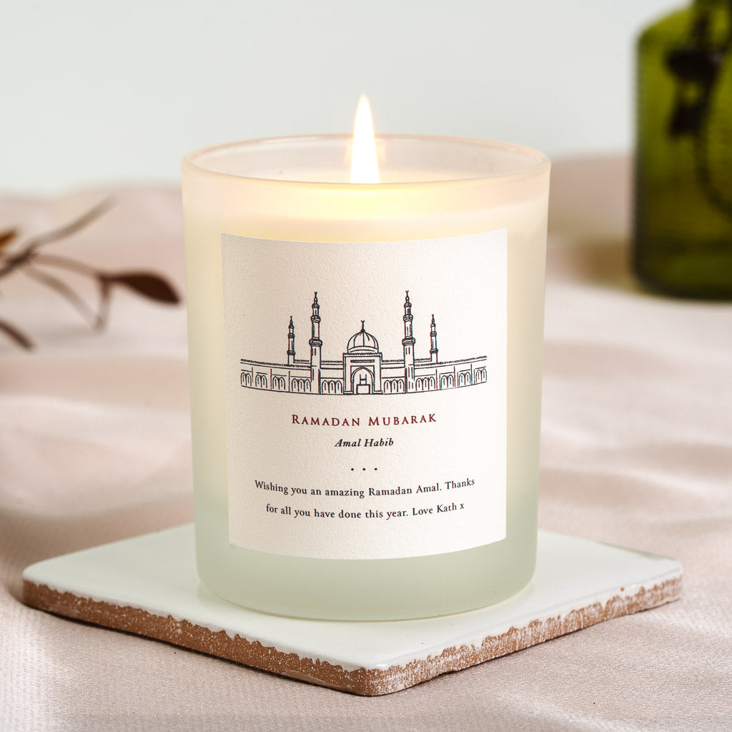Detailed architectural line drawing of a mosque on a personalised Ramadan candle label
