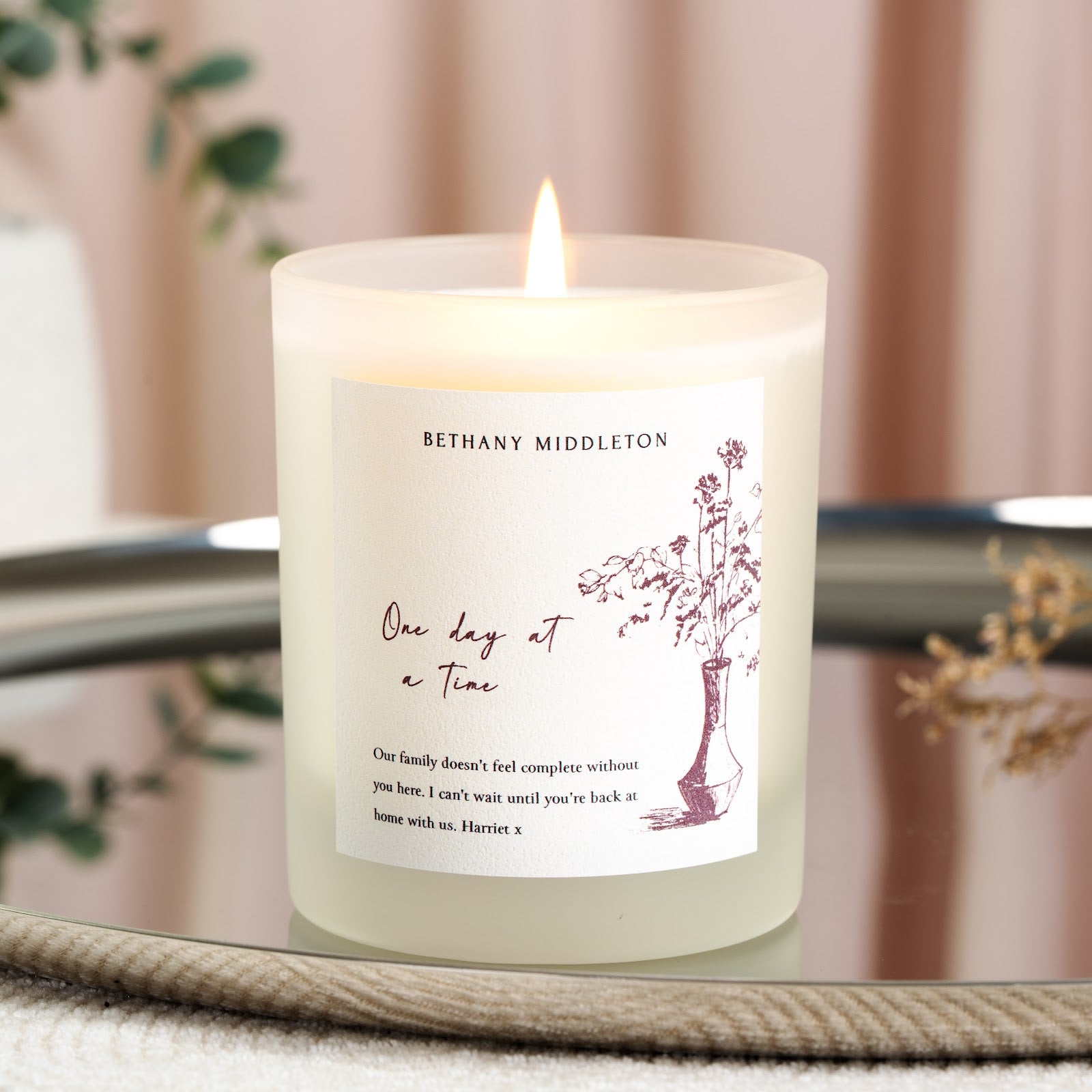 Personalised get well candle with a hand-drawn vase of pressed wildflowers