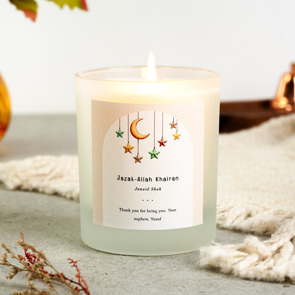 Personalised Islamic thank you candle with a pastel arch framing the moon and stars