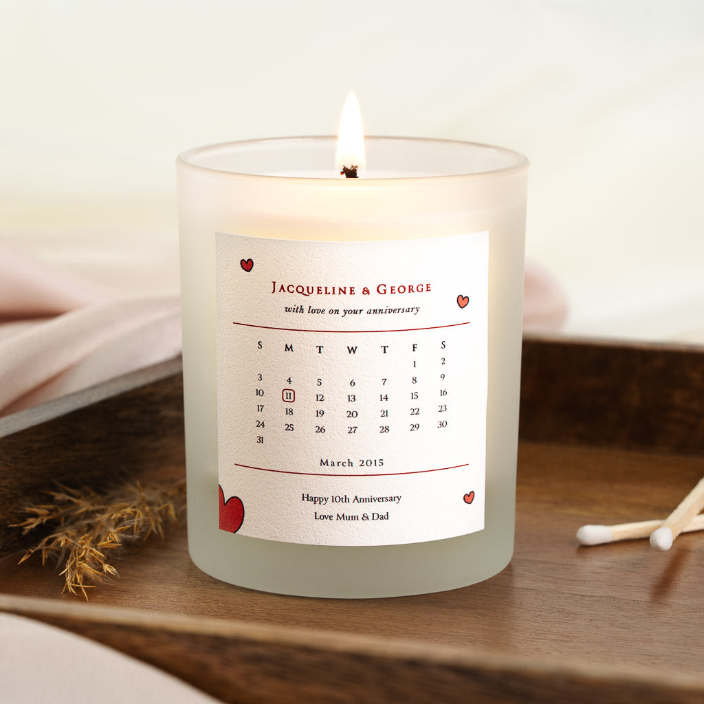 Calendar grid marking the anniversary date on a personalised anniversary candle label