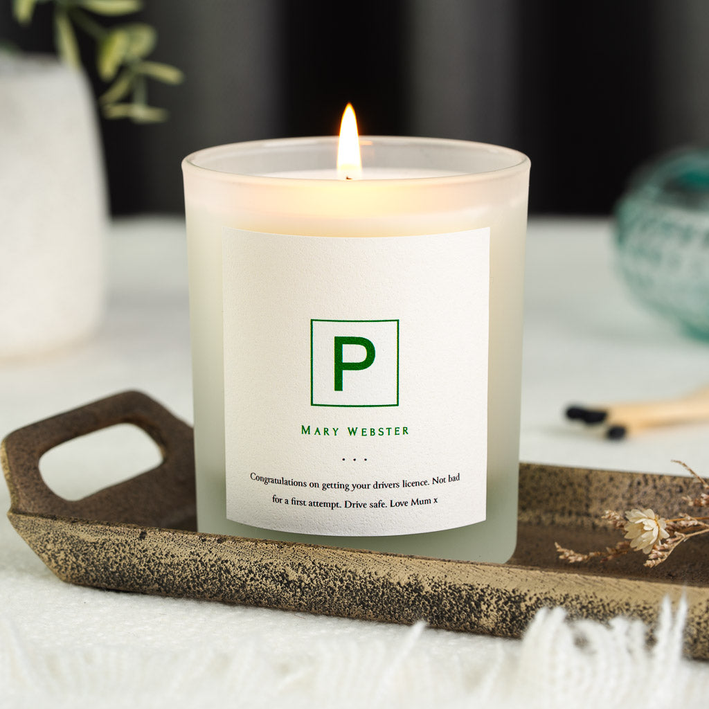 Illustrated P-plate above the name in matching green on a personalised new driver candle