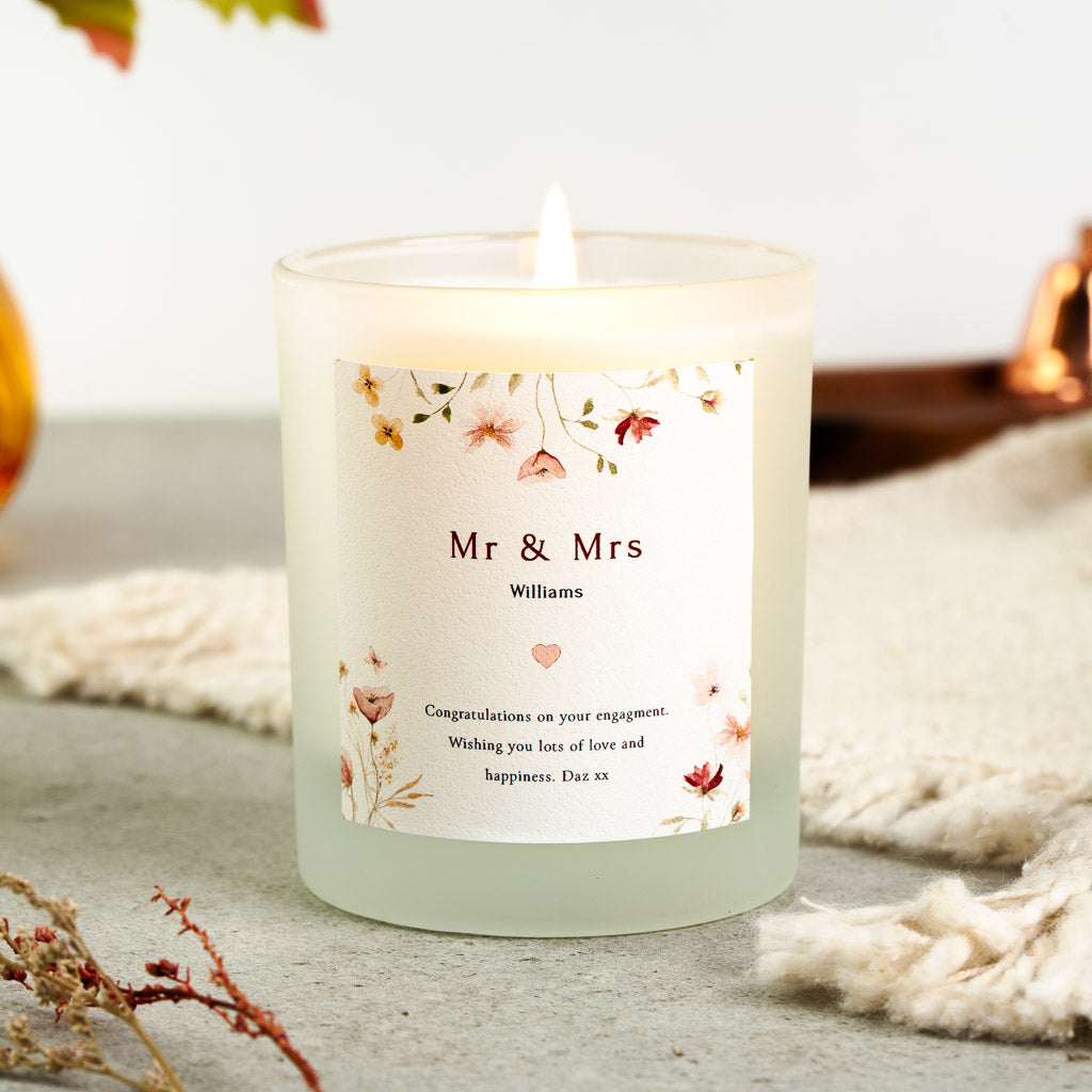 Personalised engagement candle with Mr and Mrs in plain black type above a small heart