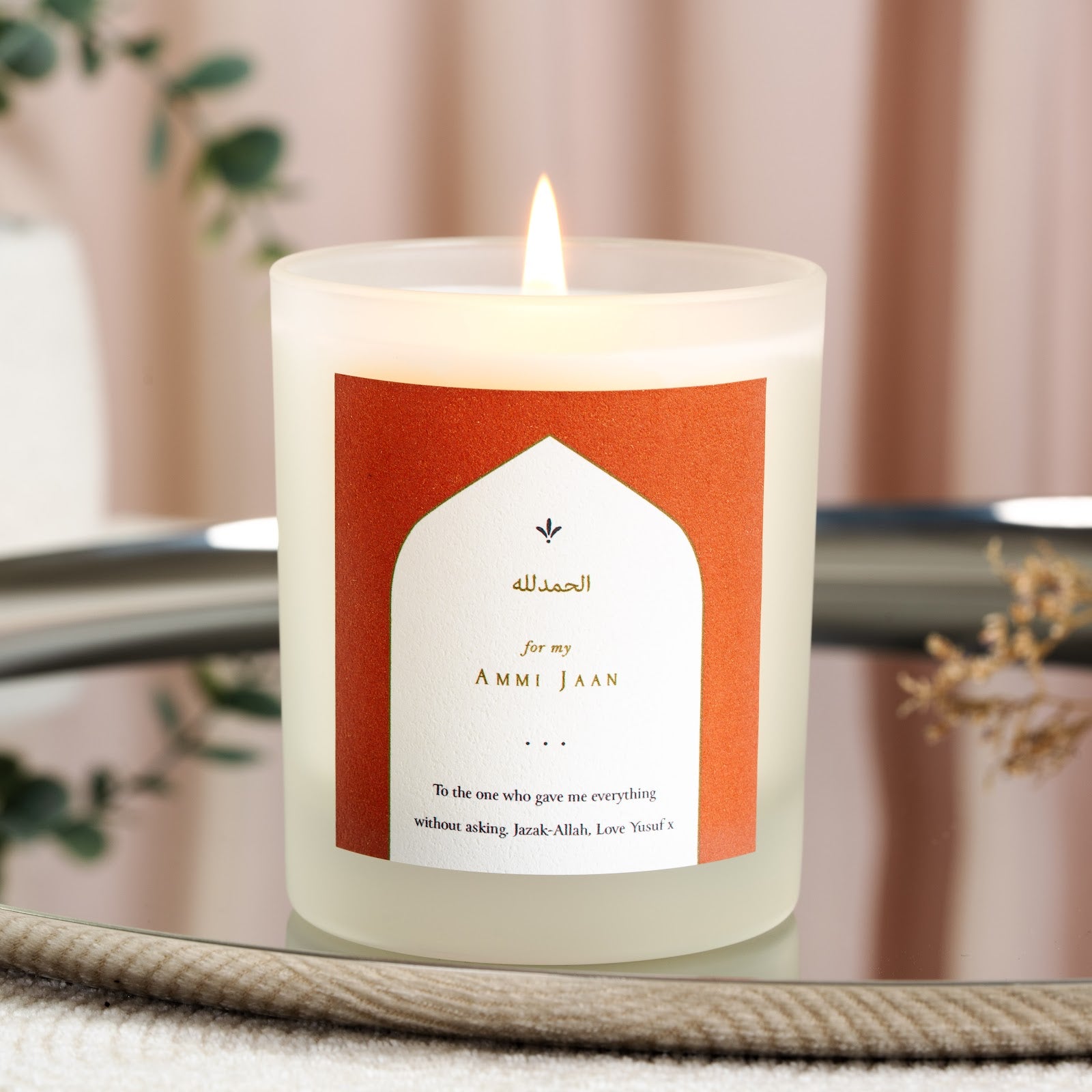 Personalised Mother's Day candle with a white arch on deep terracotta in gold script
