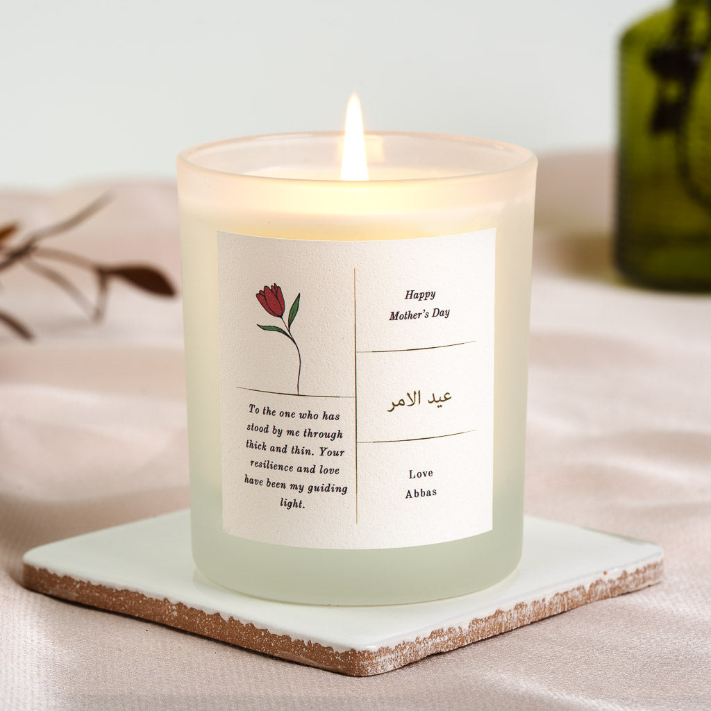 Personalised Islamic Mother's Day candle with a single red tulip beside a divided panel
