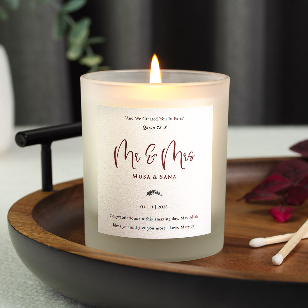 Personalised Islamic wedding candle with a Quran verse above Mr and Mrs in burgundy script