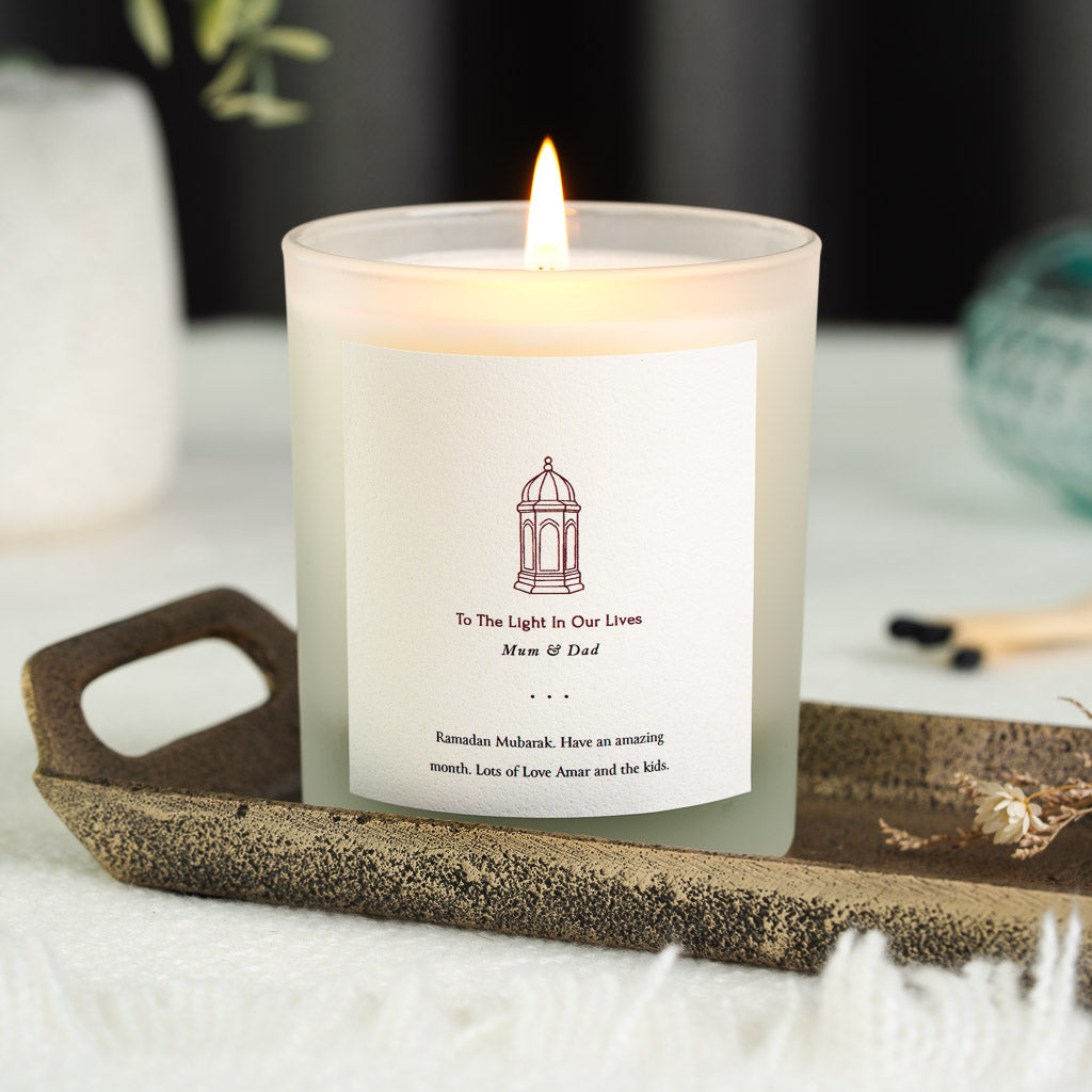 Personalised Ramadan candle with a traditional lantern in fine red linework
