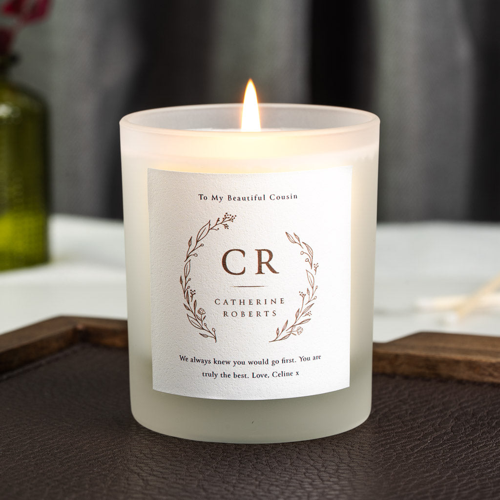 Personalised wedding candle with monogram initials inside an elegant wreath