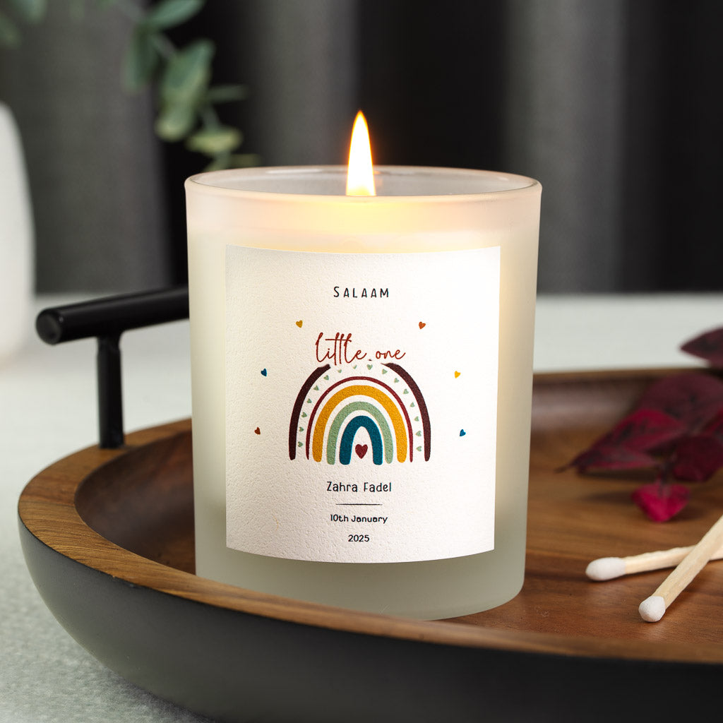 Personalised Islamic new baby candle with a rainbow bordered by hearts and dots