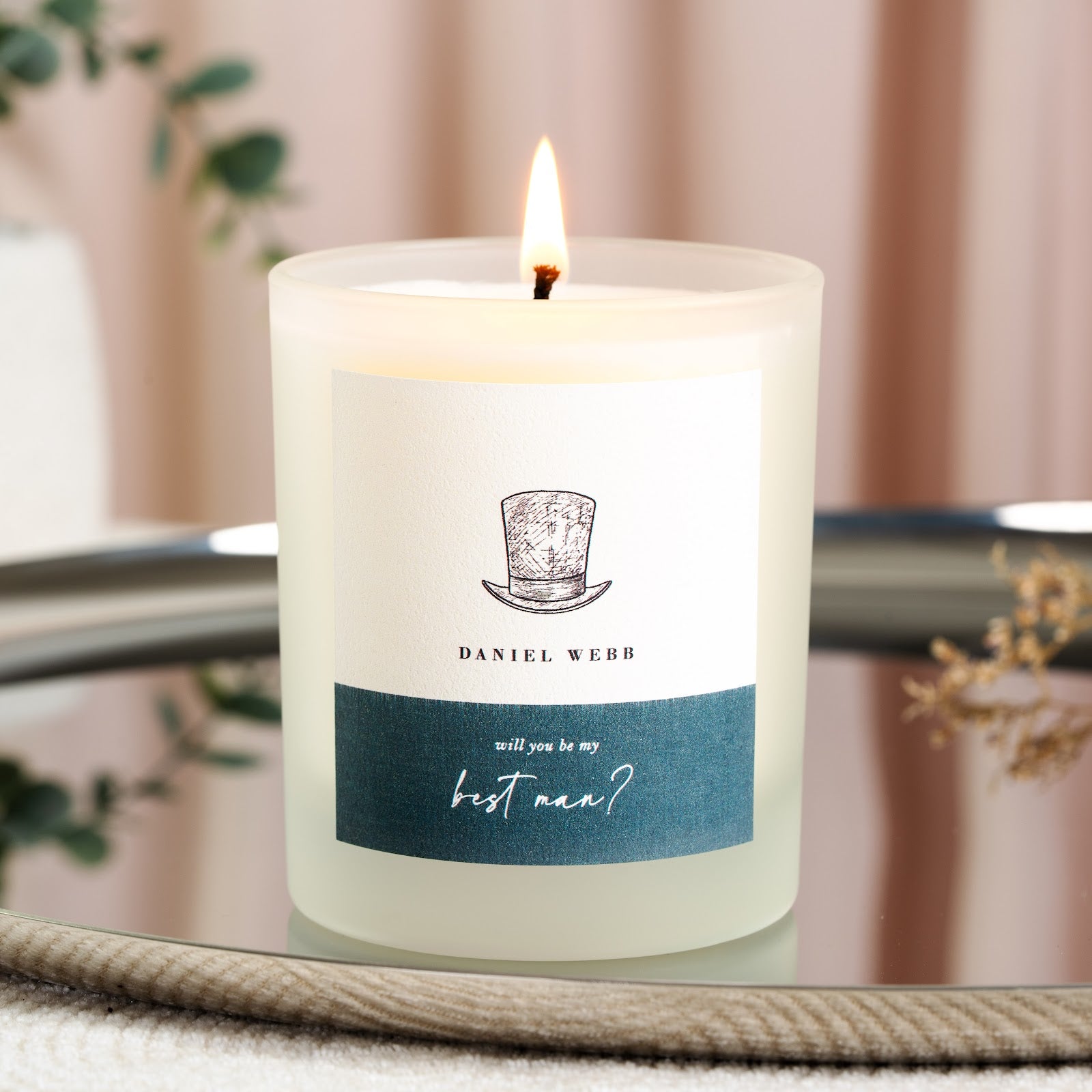 Personalised best man proposal candle with a hand-drawn top hat above a navy band