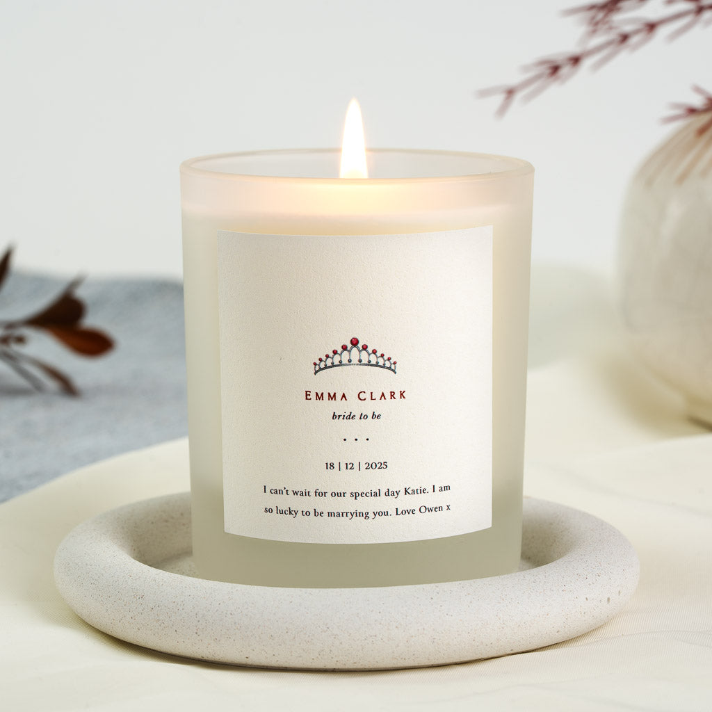 Personalised engagement candle with a tiara illustration above the recipient's name