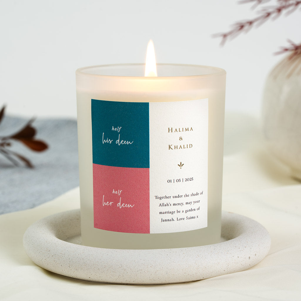 Deep teal and coral blocks beside the names on a personalised Islamic wedding candle label