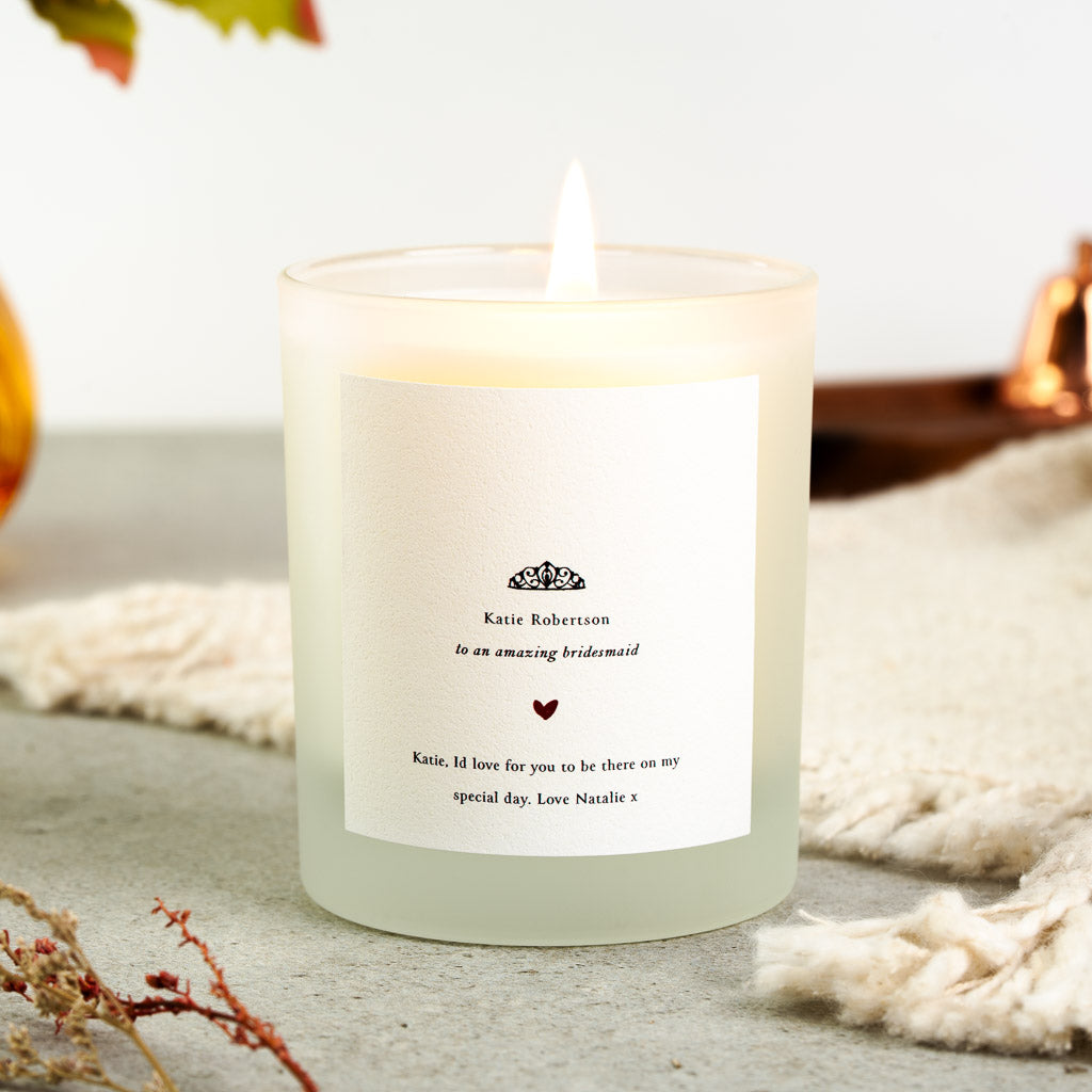 Personalised bridesmaid candle with a fine line tiara above a small heart motif