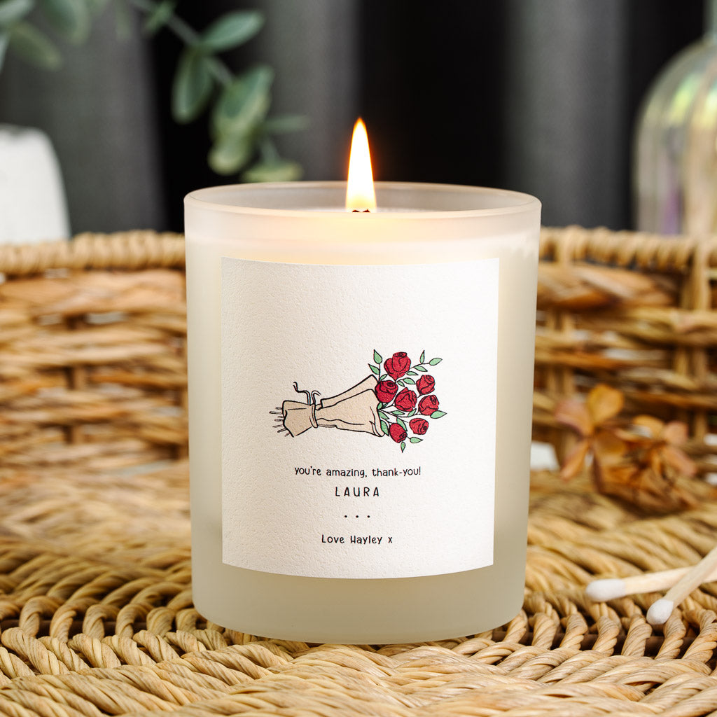 Personalised thank you candle with a rose illustration above the appreciation line