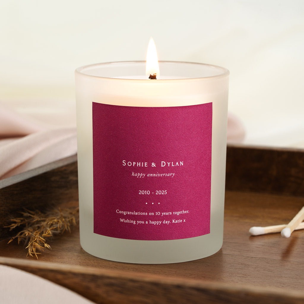 Wedding years beneath the couple's names on a personalised anniversary milestone candle