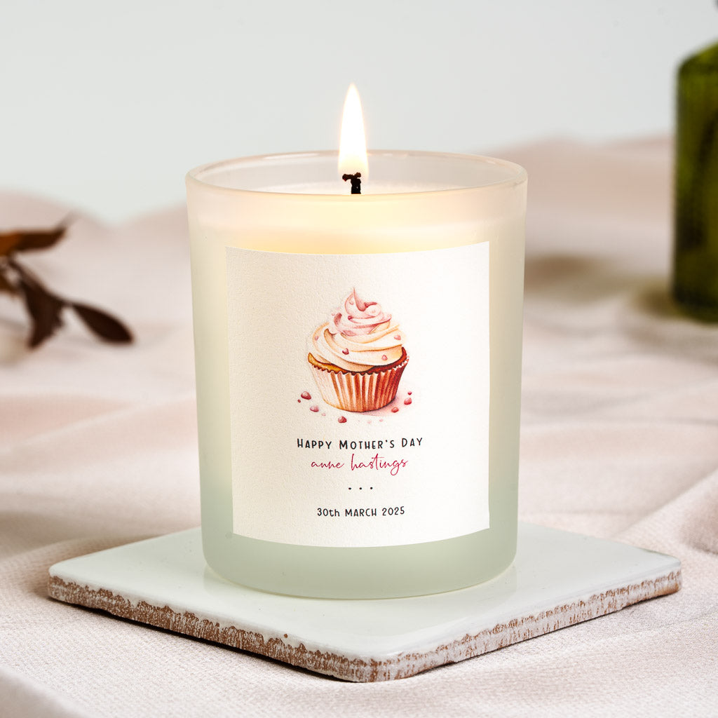 Personalised Mother's Day candle with a cupcake in soft pink icing and red details