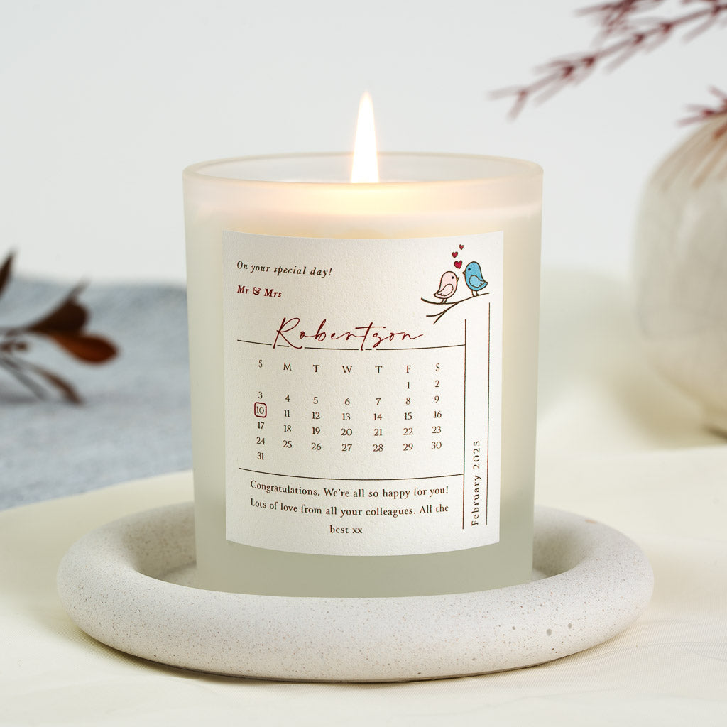 Personalised wedding candle with love birds, rising hearts and a full month calendar