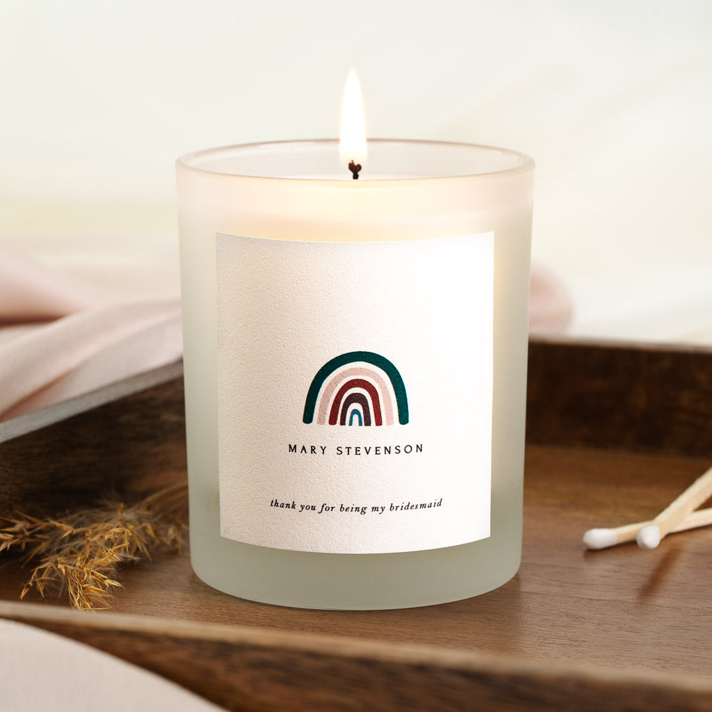 Personalised bridesmaid thank you candle with a muted teal, berry and blush rainbow