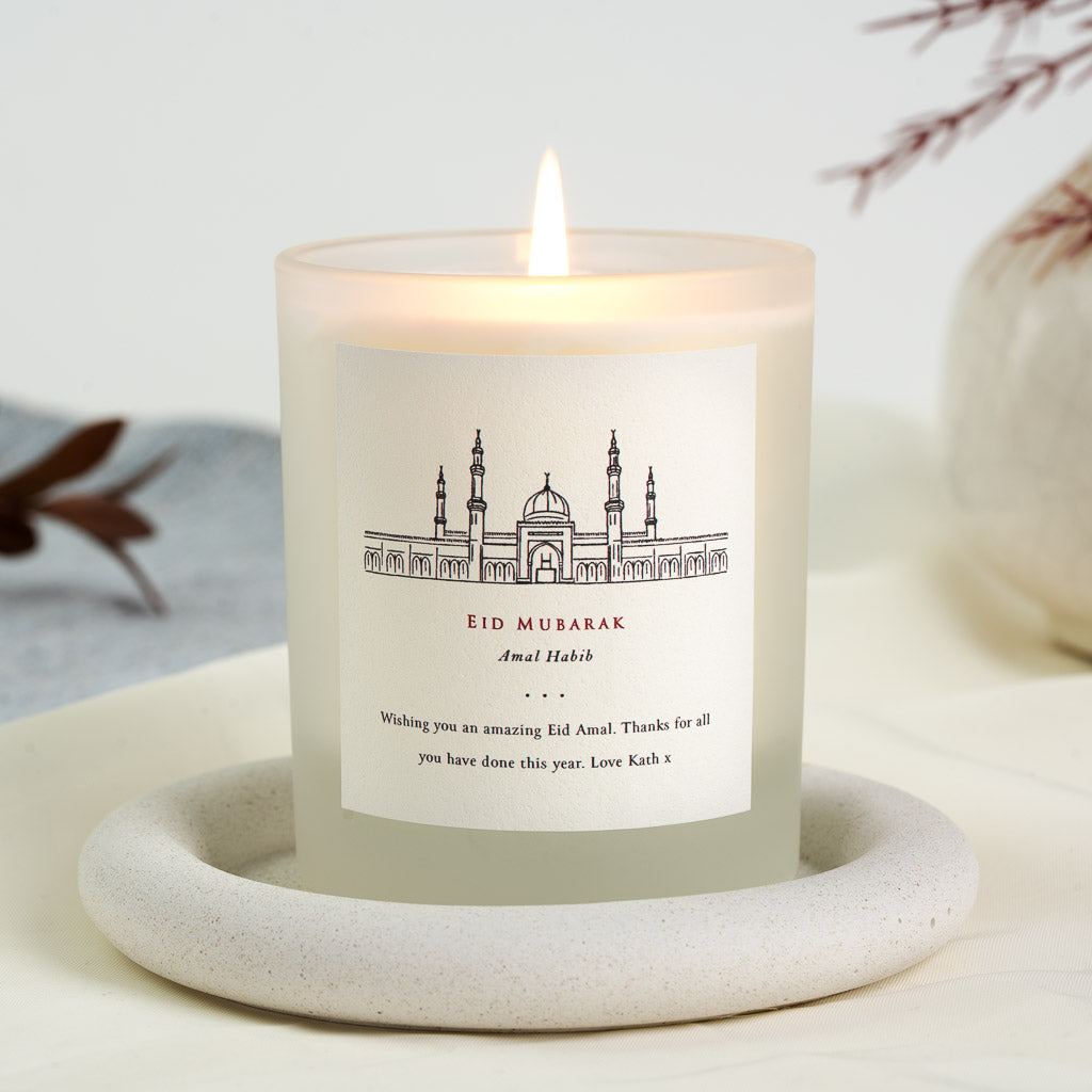 Personalised Eid candle with a detailed architectural line drawing of a mosque