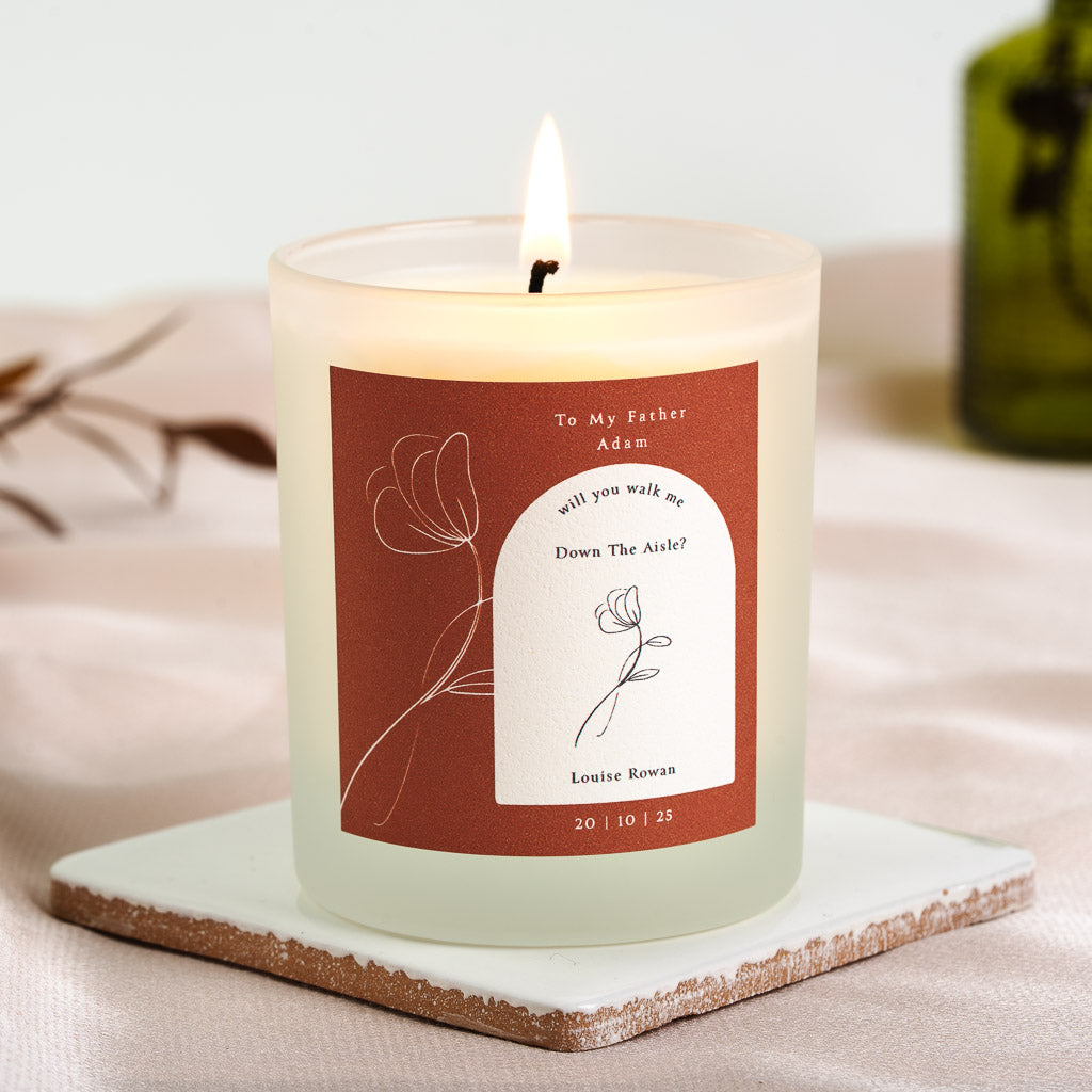 Personalised father of the bride candle with a fine line flower on a terracotta arched panel