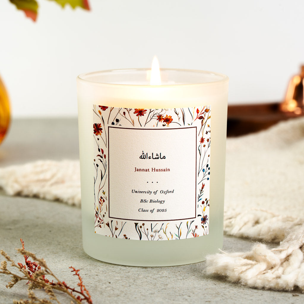 Personalised Islamic graduation candle with wildflower sprigs in rust, mustard and pink